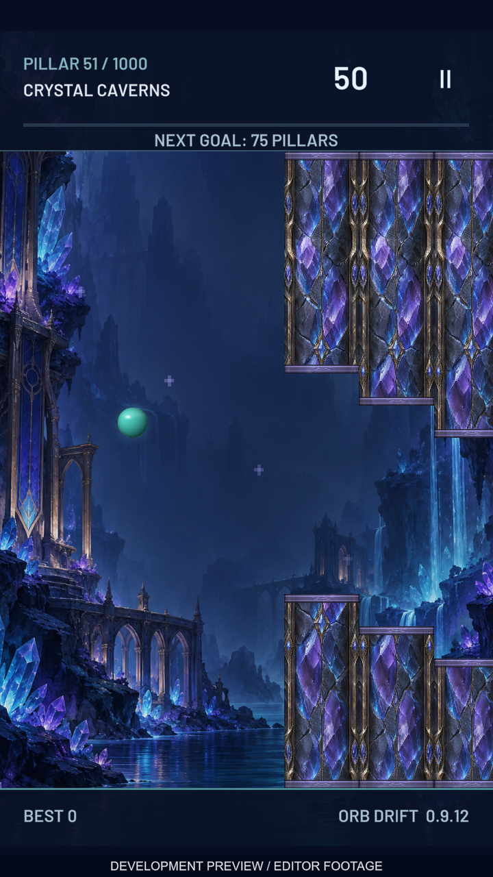 Development gameplay preview: a turquoise orb navigates crystal-covered pillars in the Crystal Caverns realm.
